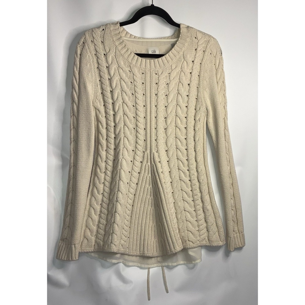 Cabi Cable Chunky Knit Sweater Size Small Beige Back Lace Boho Chic Victorian